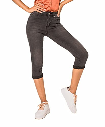 Nina Carter P132 Dam Capri Skinny Fit Jeans HIGH Waist Jeans Used-Look Tvättningseffekt, Mörkgrå (P132-3), XXL smal