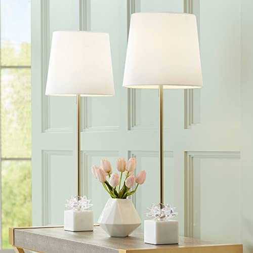 360 Lighting Phoebe Modern Glam Luxury Buffet Table Lamps 28 1/2 Tall Skinny Set of 2 Gold Metal White Tapered Drum Shade Glass Flower Accent Decor for Living Room House Home Dining Entryway