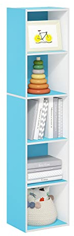 Furinno PASIR Book Shelf, 5-Tier Modern Bookshelf, Open Shelves Bookcase 9 x 12 x 52, for Living Room, Bedroom, Home Office, Light Blue/White
