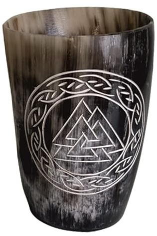 Hornerey,Büffelhorn, Valknut - Gravierter Wikinger Trinkhornbecher - Trinkhorn für Met, 200 milliliters , 1 Stück (1er Pack)