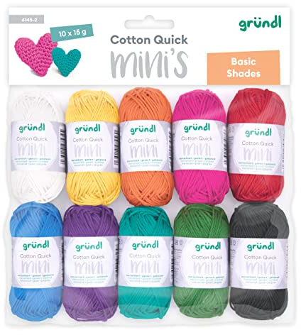 Gründl Lana Cotton Quick Mini Basic Shades Set per lavorare a maglia e all'uncinetto, 10 x 15 g, 100% cotone, 15 g/37 m, multicolore