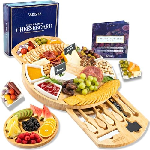 Extra Large Charcuterie Boards Gift Set: 16 in Round Bamboo Cheese Board and Knife Set, Cheese Tray - Unique for Mom, Wedding Gifts for Couple, House Warming Gifts New Home