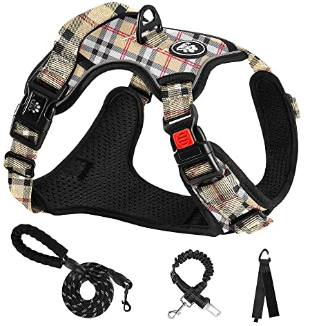 NESTROAD Hundegeschirr Große Hunde Leine Geschirrset Kariert Beige, Größe L für Hunde Grosse mit Halsumfang 38~48CM Brustumfang 48~74CM, enthalten Brustgeschirre Hundeleine Sicherheitsgurt Auto