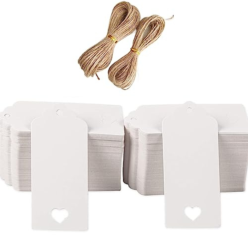 SJBAUTYO Etiquetas Papel Kraft Etiqueta Regalos 7 x 4 cm, 100 unidades Etiqueta de regalo rectangular con cuerda de yute, para boda, Navidad, cumpleaños, artesanía (blanco)