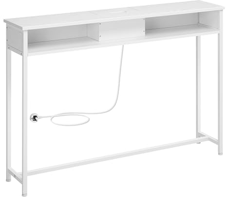VASAGLE Console Table With Charging Station, Slim Console Table for Hallway, Narrow Table With 2 Compartments, Space-Saving, 25 x 120 x 81 cm, for Living Room, Snow White LNT111W02