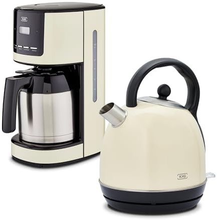 KHG Frühstücksset 2-teilig Kessel-Wasserkocher & Thermo-Kaffeemaschine, Creme Retro American Diner Stil, Kapazität 1,7 Liter & 12 Tassen Kaffee, 360° Sockel, Kalkfilter, LCD-Anzeige, Tropfstopp