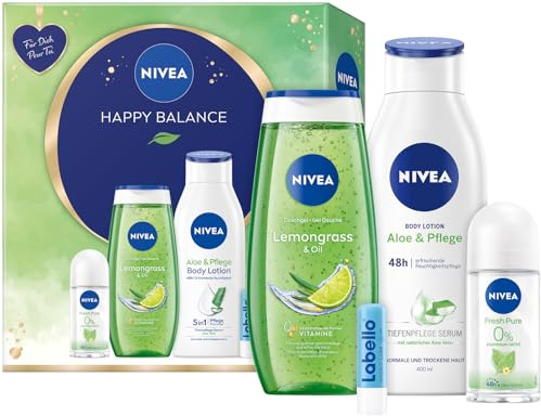 NIVEA Happy Balance Geschenkset, Pflegeset mit feuchtigkeitsspendenden Pflegeprodukten, Geschenkbox mit Pflegelotion, Pflegedusche, Deo Roll-On und Labello