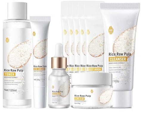 Rosarden Reis Gesichtspflege Set für Frauen und Teenage Mädchen, Rice Raw Pulp Skin Care Set mit Gesichtscreme Augencreme Schlafmaske, Feuchtigkeitsspendende Anti Aging Hautpflege Set (10-tlg)