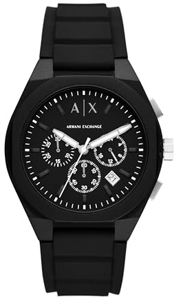 Armani Exchange Men's Stainless Steel Three-Hand Date Watch, Case Size 46 mm, Black Silicone, Chrono Bottom