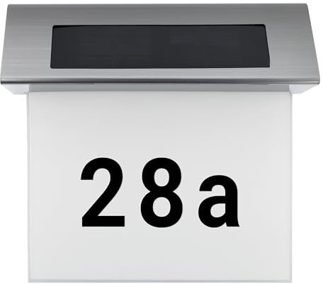 MeLiTec Solar-Hausnummer SH01 | moderne LED-beleuchtete Hausnummer | für außen, wasserdicht | aus Edelstahl | kabellose Solar-Hausnummernleuchte | Hausnummernschild inklusive Ziffern- & Buchstabenset