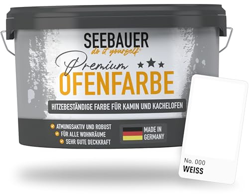 SEEBAUER diy Ofenfarbe Weiß für Innen 2,5L (No. 000 Weiß) - Hitzebeständige Wandfarbe für Putz, Beton & Mauerwerk - Abwaschbare Farbe für Kamin und Kachelofen