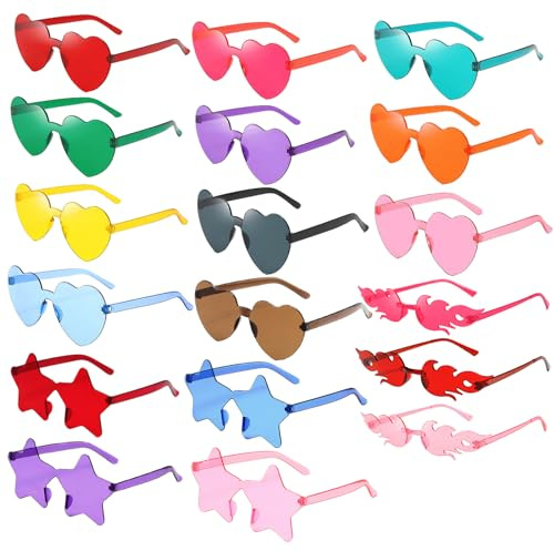 XUNIVERS 18 PCS Gafas de Fiesta,Gafas de sol sin montura con forma de corazón/estrella Llamas de Fuego,Gafas de Fiesta de Color,Para Fiesta Temática de Baile de Carnaval Cumpleaños