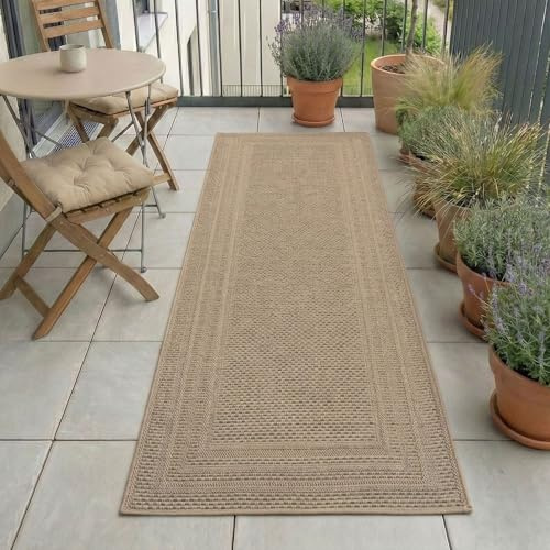 Carpetsale24 Outdoor Teppich Beige 80x250 cm Läufer, Wetterfest & UV-beständig, ideal für Küche, Balkon, Terrasse auch Wohnzimmer und Esszimmer, Einfarbiges Design mit Bordüre, Leicht zu Reinigen