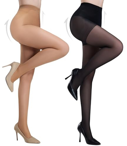 Yilanmy Tummy Control Tights for Women 40 Denier Slimming Support Tights | 2 Pairs Sheer Shaping High Waist Control Top Pantyhose, Black, Natural