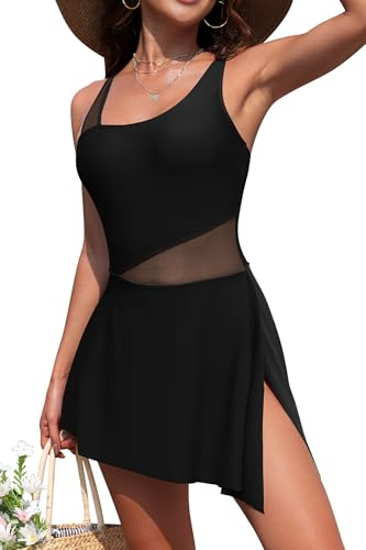 SHEKINI Womens One Piece Swimdress Swimsuit Side Tie Knot Swim Dresses Flattering Bathing Suit with Skirt, Black, Large