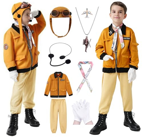 Akokvlar 9 Pcs Kids Pilot Aviator Costume Earhart Historical Costume for Girls Boys (Brown, 11-12 Years)