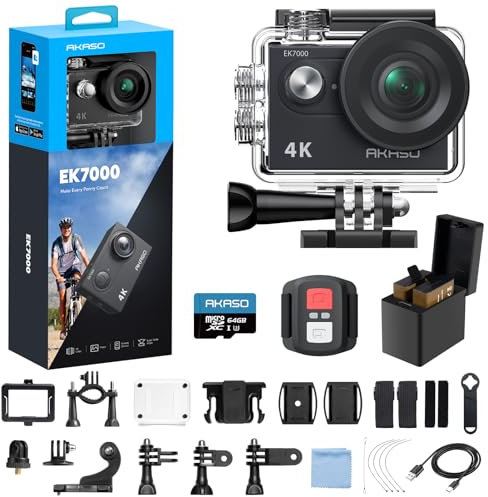 AKASO EK7000 Action Cam 4K WiFi Impermeabile 30M con Scheda 64GB, Fotocamera Subacquea WiFi 20MP, Microfono Esterno, Telecomando, 2 Batterie 1050 mAh, Accessori per Sport