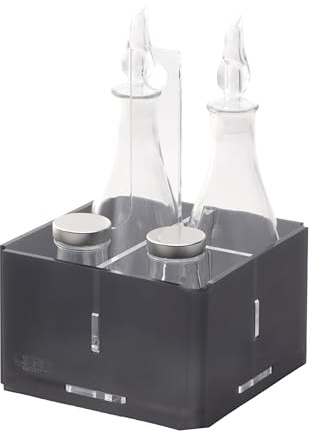 LINEE Recanati MEDITERRANEA Menage – Set Condimenti Porta Olio Aceto Sale Pepe in PMMA e Vetro 17x17x23 cm – Design Decorativo da Tavola – Made in Italy (Fumè Grigio Satinato)