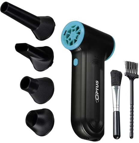 Optus Souffleur électrique 120 W avec 3 niveaux jusqu'à 110 000 tr/min | Débit d'air 45 m s, autonomie jusqu'à 240 min, charge USB C, 4 buses, 2 brosses, électronique, optique et voiture