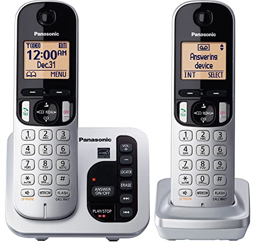 Panasonic Cordless Phone with Answering Machine DECT 6.0 Expandable, Call Block and Caller ID - 2 Cordless Handsets - KX-TGC222S (Silver)