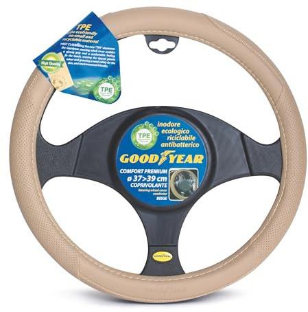 Goodyear Coprivolante Auto 37-39 cm, Rivestimento Volante Ergonomico Antibatterico, Protezione Volante da Sole e Sudore, TPE Ecologico Inodore, Comfort Sottile, Antiscivolo per Guida Sicura, Beige