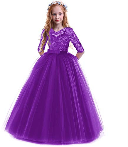 Odizli Vestidos de flores para niñas con mangas de 3/4, encaje, princesa, vestido de tul, para boda, dama de honor, cumpleaños, fiesta, vestido de noche largo, morado, 13-14 años