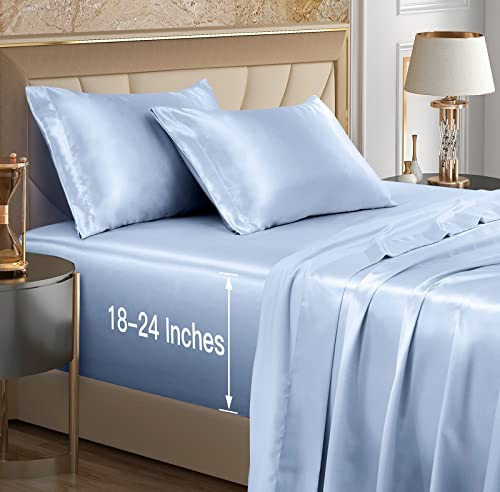 VACVELT 4pcs Extra Deep Pocket Satin Sheets - Full Size Bedding Set, Baby Blue Satin Sheet Set Fits 18-24 Inch Deep Pocket Mattresses