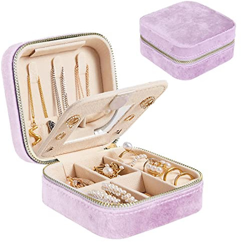 Darbermu Mini Jewelry Box Organiser, Portable Travel Jewellery Case, Velvet Double Layer Jewelry Bag with Mirror, Rings Earrings Necklace Bracelets Jewelry Gift Box (Purple), (RONGBUHE220614)
