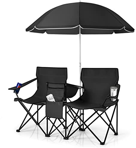 TANGZON Double Camping Chair, Portable Folding Loveseat Chair with Umbrella and Carry Bag, Outdoor Leisure Lover Chairs for Finishing, Picnic, Travel, Hiking, Beach and BBQ (Black)