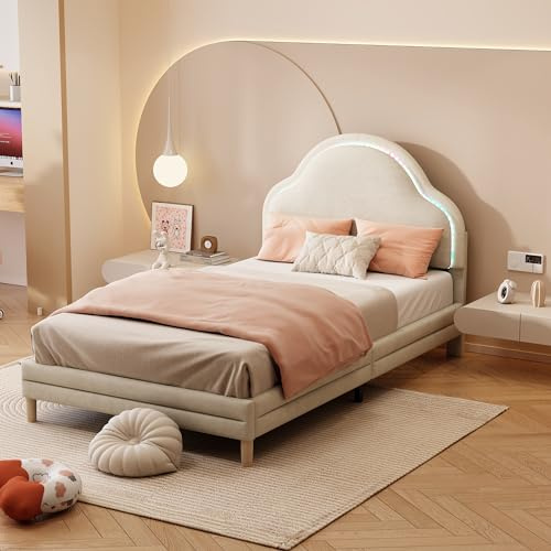 Merax Lit Simple Rembourré 90 x 200 cm avec Bandes LED Multi-Mode, Sommier à Lattes et Dossier, Tête de Lit en Forme de Nuage, pour Adolescent, Fille, en Velours, Sans Matelas, Beige