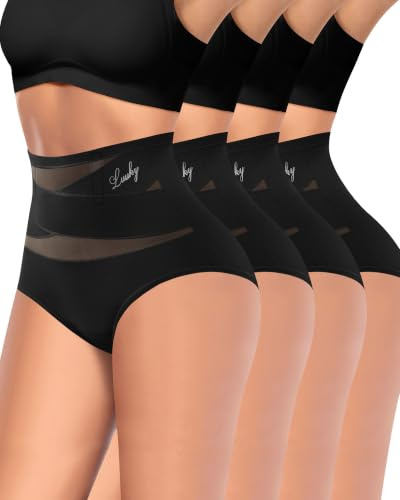 MIOTAN Women's Tummy Control Knickers High Waisted Postpartum 4 Pack | X-cross waistband, double-layer mesh, soft, breathable, stretchy, full coverage, for everyday, yoga and gym