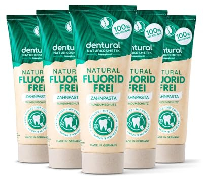 Happybrush Naturkosmetik-uppsättning med 5 fluorfria tandkrämer med mintsmak – Fluorfri tandkräm med 5 skydd för frisk andedräkt – Inget mikroplastik – 5 x 75 ml