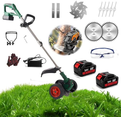 Tagliabordi A Batteria Con Ruote, 24v Decespugliatore A Carrello Con 2 Batterie, Tagliaerba A Filo A Batteria Con 4 Tipi Di Lame, Maniglia Telescopica Per Prato E Giardino (Ha le ruote)