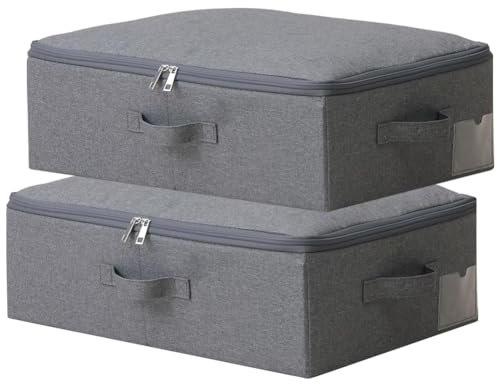 Amonsen 2er-Pack, 52X 36X 16cm, dünne faltbare Aufbewahrungsbehälter mit weichem Reißverschlussdeckel, staubdicht & waschbar für Regale, Schränke, Garderobe, Schwarzgrau