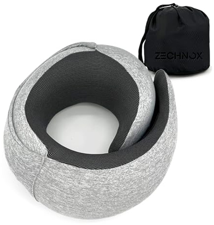 ZechnoX Ergonomisches Reise-Nackenkissen mit Verstaubarer Kapuze,Nackenkissen,Premium-Memory-Schaum,360º Konturiertes Design,Waschbarer Bezug,Komplettes Reise-Set,für Flugzeug (Mondsilber)