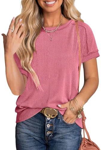 ANRABESS Womens Short Sleeve Crewneck Shirts Ribbed Knit High Low Hem T Shirt 2026 Summer Spring Casual Tops Trendy Clothes Coral Pink Medium
