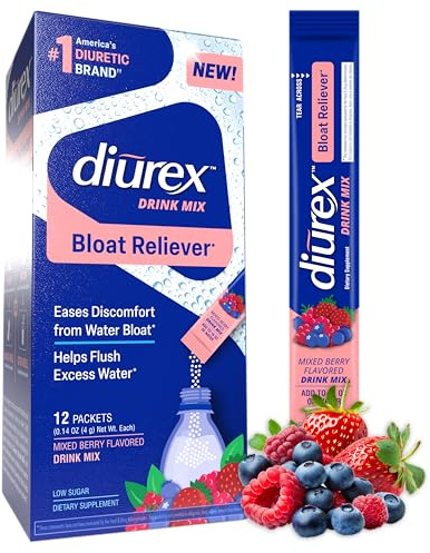 Diurex Drink Mix with Dandelion, Green Tea & ACV Extracts - Mixed Berry Flavor - Diuretic Supplement - Bloat Relief for Water Weight - 12 Single Serve Packets
