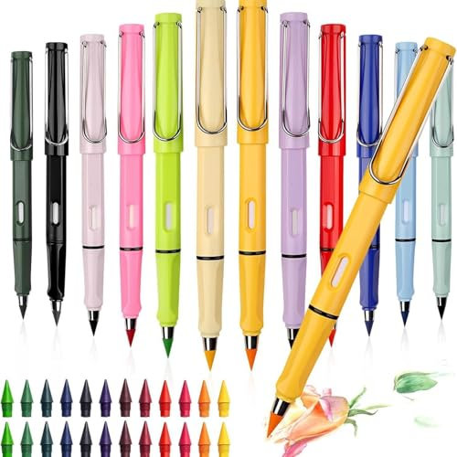 Zhenghebuy Matita Senza Inchiostro,12 Pezzi Matita Eterna Colorata,con 24 Teste Intercambiabili e Gomme,Matite Infinite Riutilizzabile Cancellabili