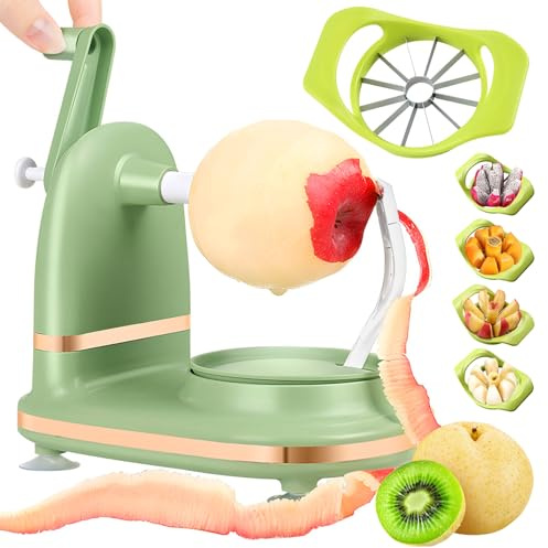 Sbucciapelle, cavolo e affetta mele a manovella, con ventosa, antiscivolo, lame in acciaio inox, sbuccia, anima e taglia in pochi secondi per la cucina di casa (verde - 1, taglia mele 12 fette)