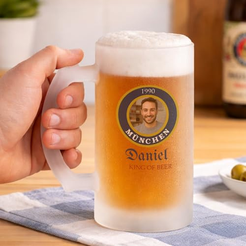 Wanapix | Jarras de Cerveza Opacas | Personaliza con Nombre y Foto | Jarra de Cristal Esmerilado | 500 ml | Apta Lavavajillas | German