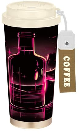 SKYSHU Taza de café de viaje aislada de vino tinto de 17 onzas con popote de tapa, vaso a prueba de derrames y fugas con correa de asa para bebidas calientes y frías, botella de agua reutilizable de