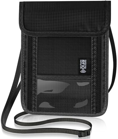 Likesing Pochette Tour de Cou Voyage, Portefeuille de Cou avec Blocage RFID Imperméable, Sac de Passeport pour Femme Homme, Sac de Cou Bloqueur avec Sangle Ajustable Noir