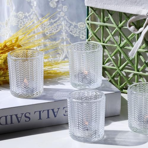 Vohocandle Portavelas de cristal con orejas de trigo, para decoración de habitaciones, vasos transparentes para velas de té vintage, juego de 12 velas de té para decoración festiva del hogar, bodas