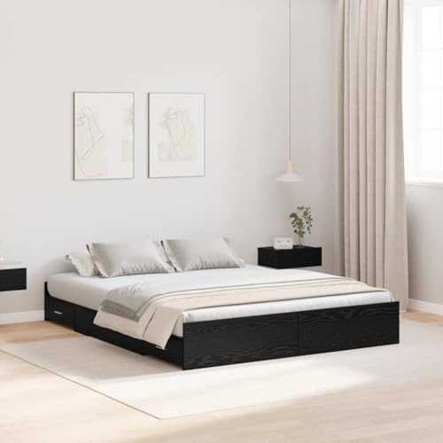 vidaXL Cama de Almacenamiento Marco Negro Roble 150 x 200 cm Estilo Minimalista Madera Ingenierizada Cajón Amplio Eslats Resistentes Montaje Fácil Sin Boxspring Solo para Interior Muebles Funcionale