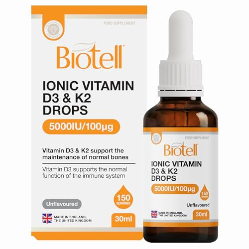 Biotell Vitamin D3 K2 Drops 5000IU 100mcg MK7 – High Strength Liquid Vitamin D Supplement – Bone, Immune & Muscle Support – Vitamin K2 MK7 Cholecalciferol Menaquinone MCT Oil – 30ml, 150 Servings