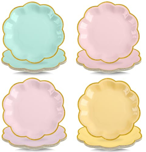 AimFun 48 Pcs Pastel Scalloped Paper Plates 7 Inch Disposable Macaron Colorful Dessert Plates with Gold Edge Gradient Rainbow Party Supplies for Wedding Birthday Baby Shower Bridal Summer Decorations