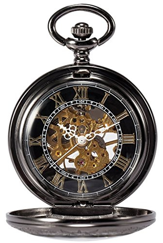 TREEWETO Unisex Taschenuhr mit Kette Analog Handaufzug Antik Skelett Lupe Schwarz