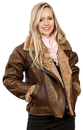 Damen Braun B3 WW2 Ingwer Schaffell Lederjacke L
