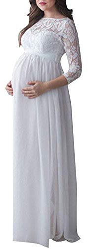 Embarazo Vestido De Gasa Vestido Maxi Vestido De Mujeres Vintage Encaje Elegantes Mujeres Embarazadas 3 4 Mangas Fiesta Vestido De Maternidad Vestido De Novia Festivo con (Color : Blanco, Size : M)