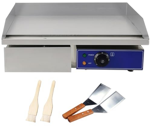 TAIMIKO - Plancha eléctrica profesional de 55 x 35,5 cm, placa de cocción lisa, 2 zonas de cocción 3000 W, plancha comercial para barbacoa de acero inoxidable, parrilla posable con termostato y